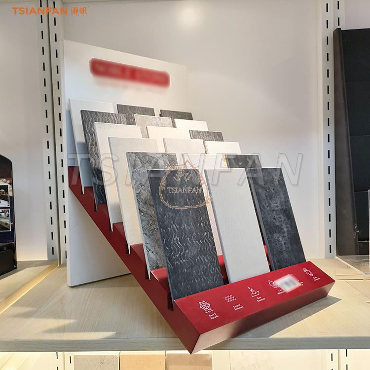 Red and white countertop display custom stepped granite display